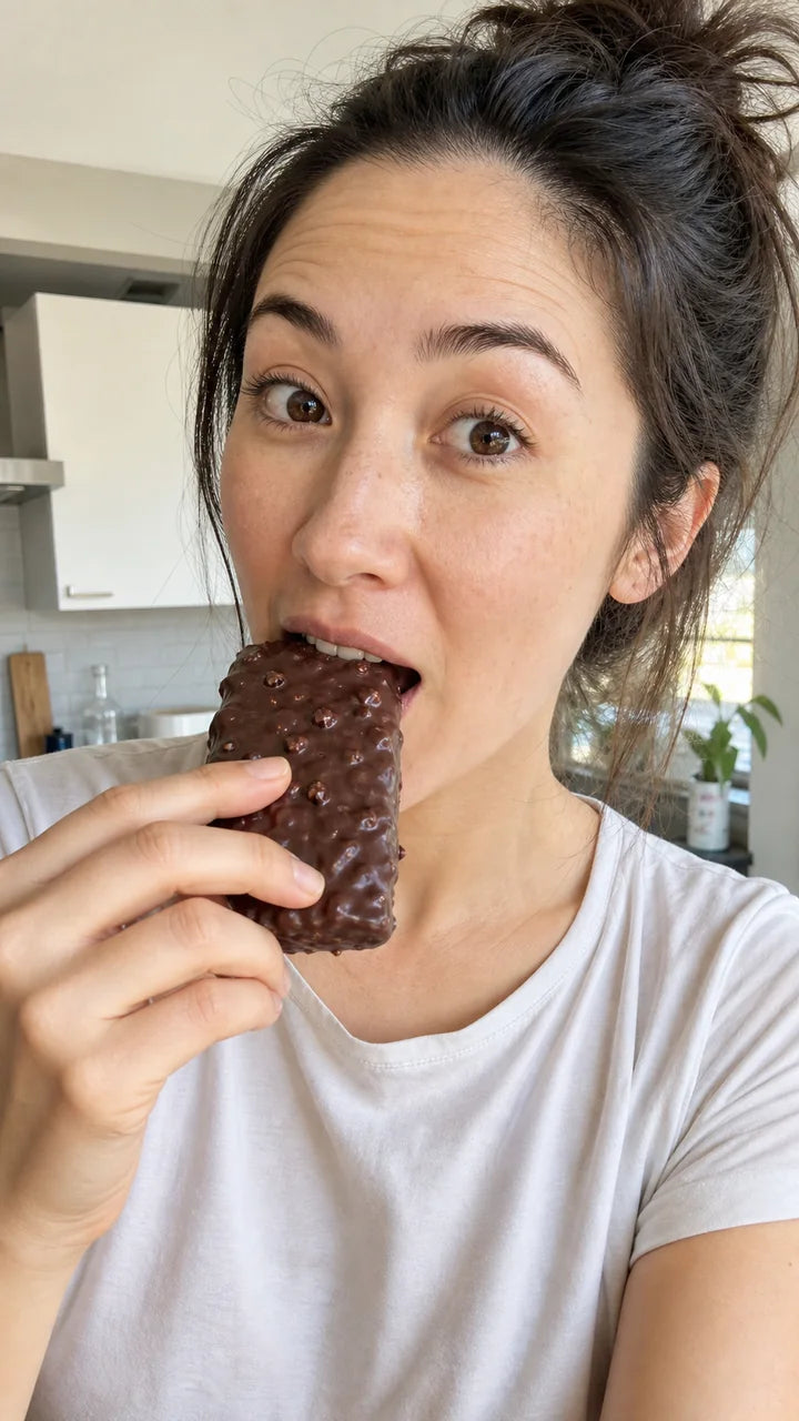 Person enjoying a Good Gut bar in a morning kitchen