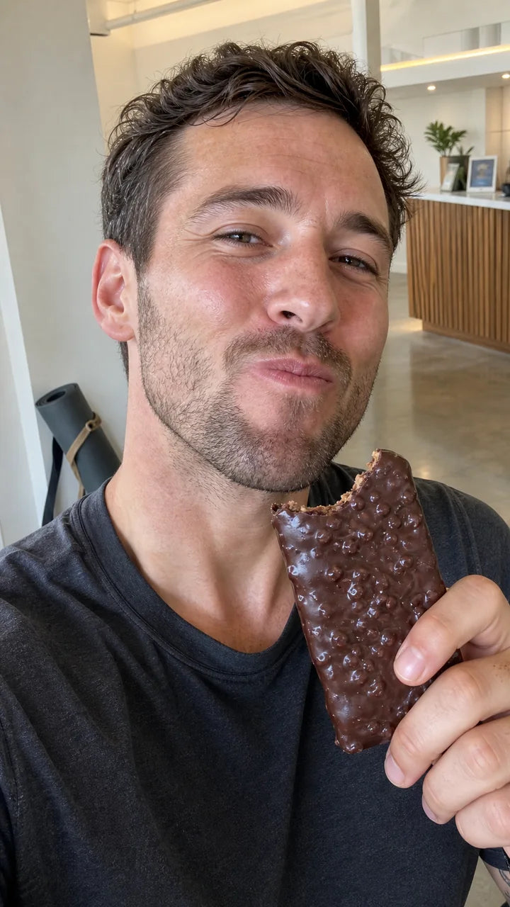 Person enjoying a Good Gut bar after a workout