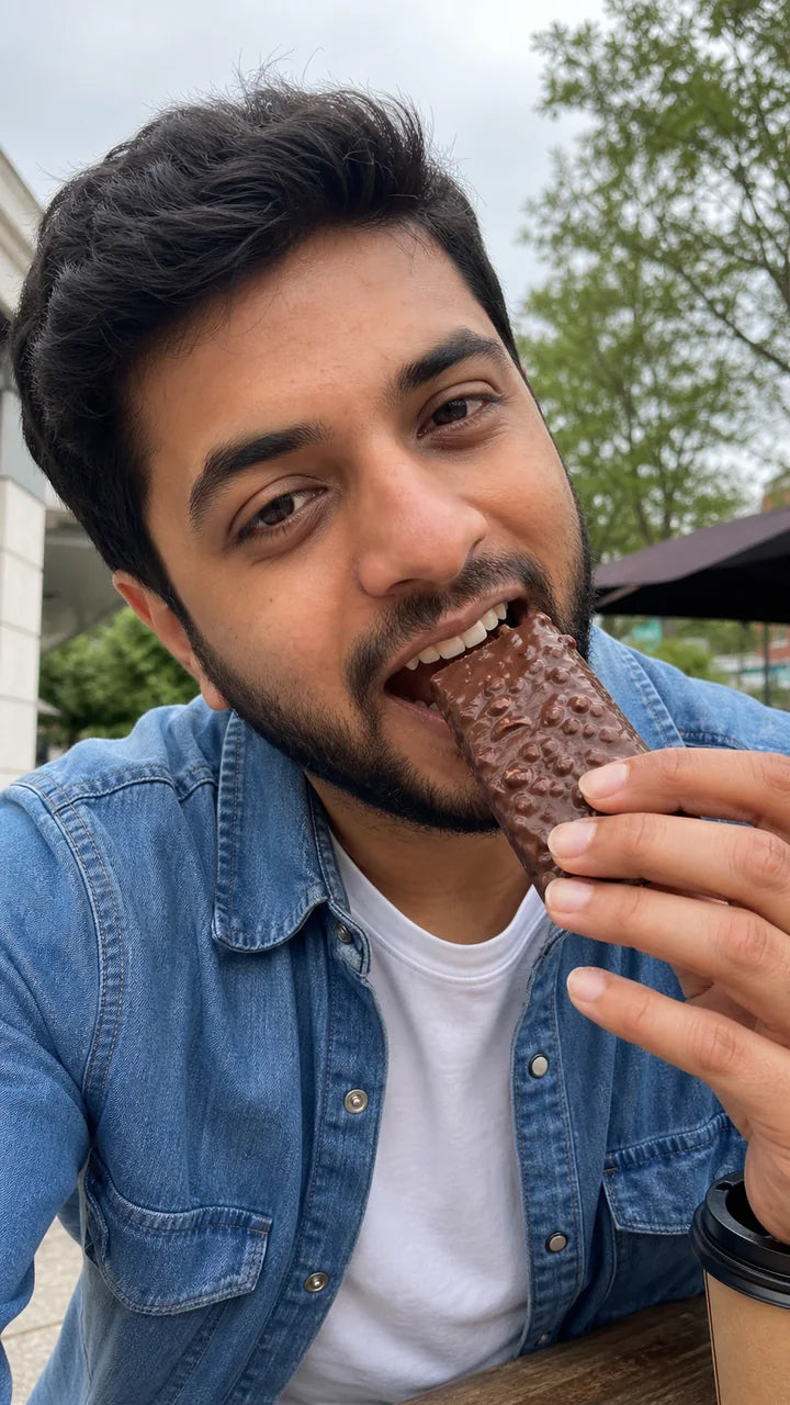 Person eating a Good Gut bar at an outdoor café