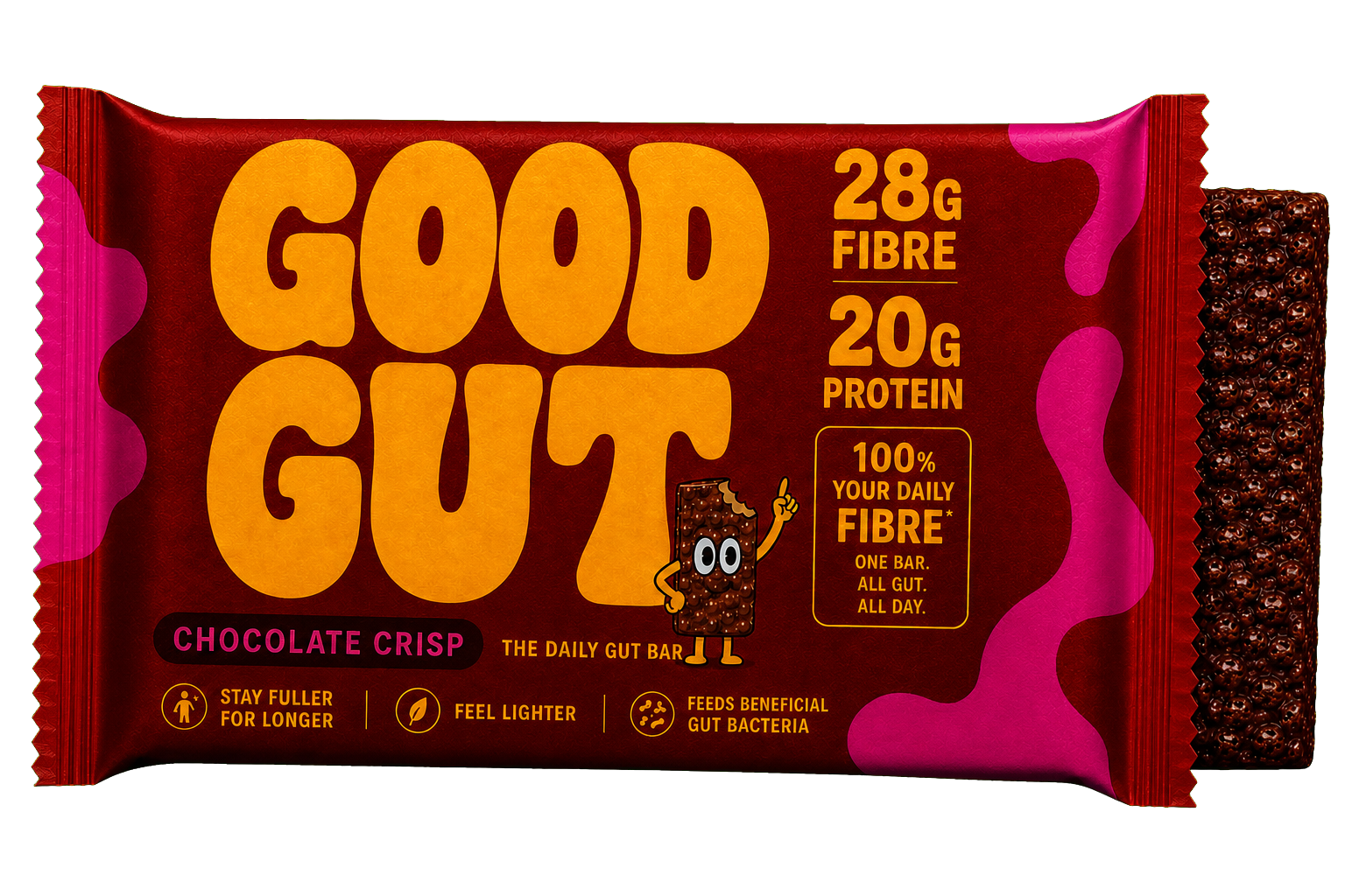 Good Gut Chocolate Crisp packaging concept beside a crisp chocolate bar