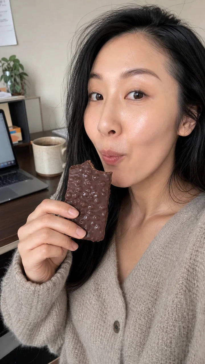 Person holding a Good Gut bar at a home office
