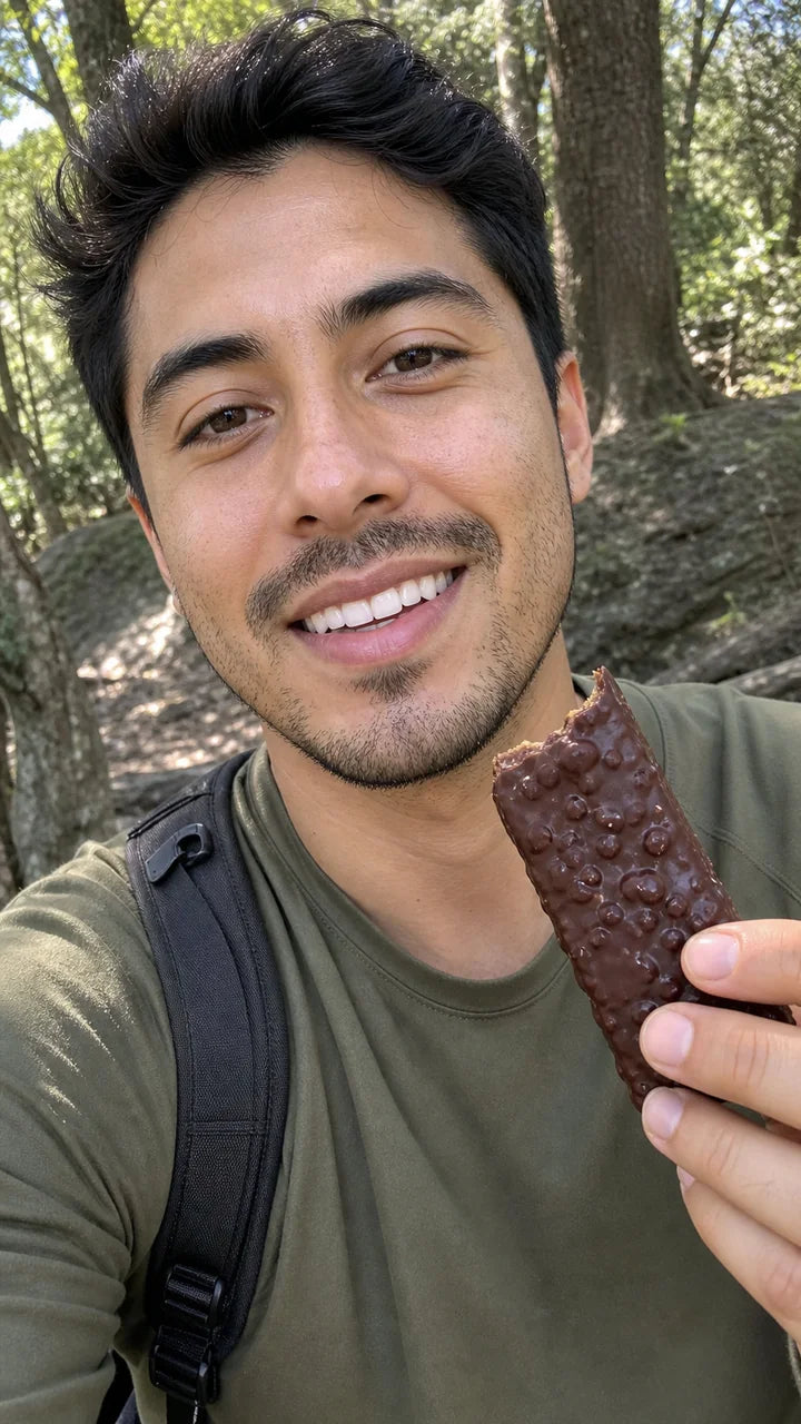 Person enjoying a Good Gut bar on a trail