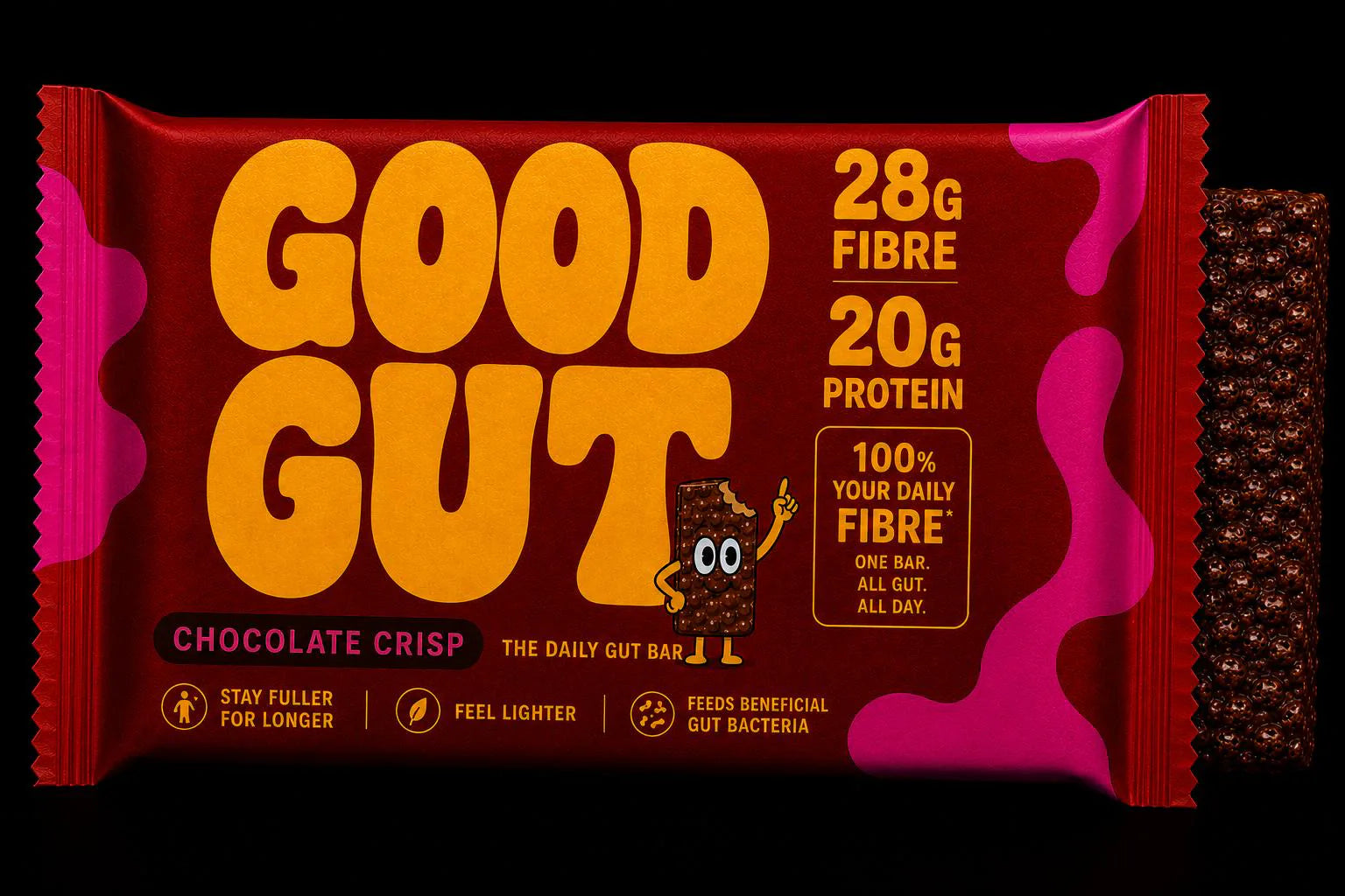 Good Gut Chocolate Crisp packaging concept beside a crisp chocolate bar